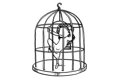 Arab worker locked in cage. Concept of unhappy office life. Cartoon vector illustration design