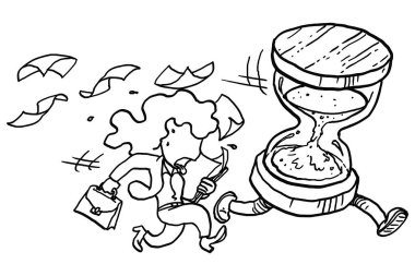Exhaust business woman running with hourglass. Deadline concept. Cartoon vector illustration design
