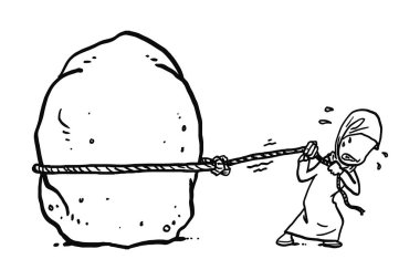 Asian muslim woman try to pull big boulder. Cartoon vector illustration design.