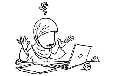 Muslim business woman annoyed because laptop error. Hand drawn vector illustration design.