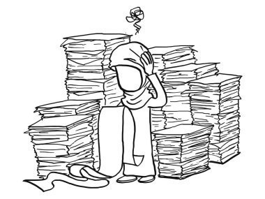 Muslim woman exhausted because tons of finance work. Concept of workload. Cartoon vector illustration design.
