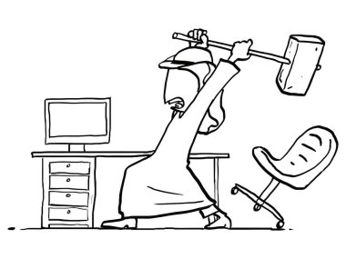 Stressed arab businessman try to destroy his computer. Hand drawn vector illustration design.