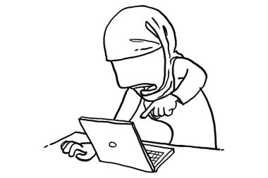 Angry muslim woman pointing finger to laptop monitor. Concept of work stress. Cartoon vector illustration design.