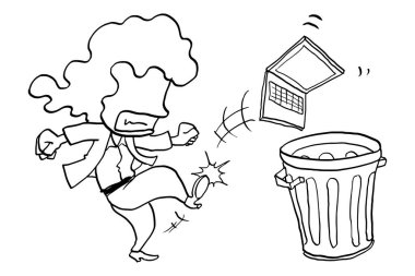 Angry female business woman kicking out laptop to trash can. Stress concept. Cartoon vector illustration design