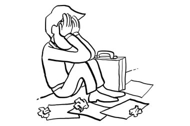 Depressed overthinking worker burried his face. Concept of losing and despair. Cartoon vector illustration design.