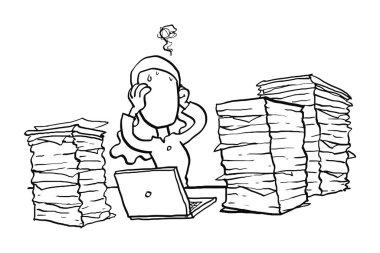Female worker overwhelmed with tons of work. Concept for burnout. Cartoon vector illustration design