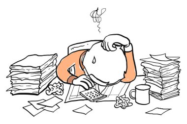 Finance department worker asleep at office desk with pile of document, calculator and coffee. Concept for overworked and burnout. Cartoon vector illustration design