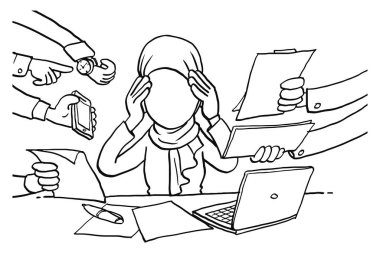 Muslim business woman overworked. Concept of multitasking and burnout. Cartoon vector illustration design