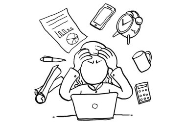Business woman have lots of task to be done. Concept of multitasking and overthinking. Cartoon vector illustration design