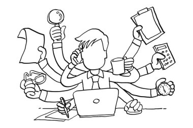 Businessman doing multiple job at once. Concept of multitasking and burnout. Cartoon vector illustration design