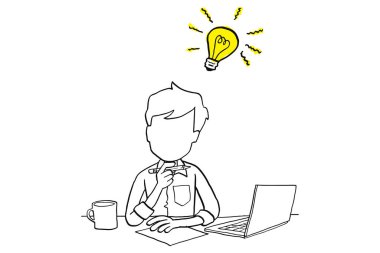 Man working and thinking. He got an idea after researching it. Cartoon vector illustration idea