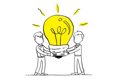 Two person carrying big light bulb. Concept of getting ideas with team. Cartoon vector illustration design