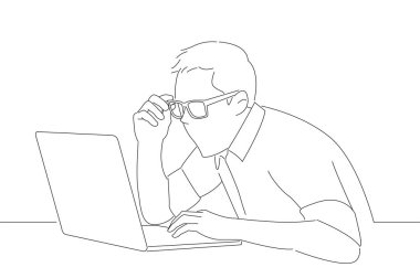 Drawing of young shocked man using laptop computer sitting at table. One line art