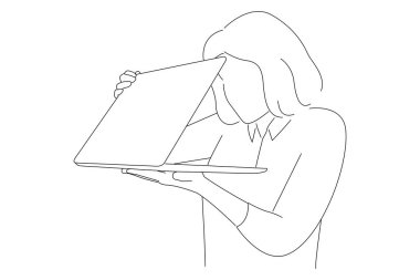 Drawing of shocked frightened woman looking furtively at half closed laptop screen, upset scared of error. 