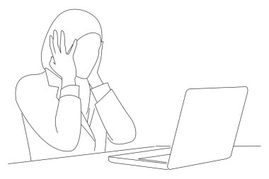 Drawing of beautiful muslim business woman scared, terrified sitting at the desk working using laptop.