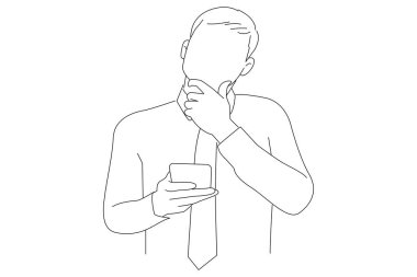 Drawing of handsome business man using smartphone very confused. Oneline art drawing style