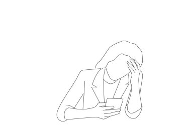 Illustration of confused young businesswoman looking at smartphone screen, 