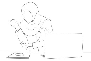 Drawing of muslim woman suffering from tennis elbow syndrome, pain from elbow injury. 