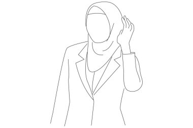 Cartoon of asian muslim business woman hold her hand near her ear, listening, eavesdropping. 