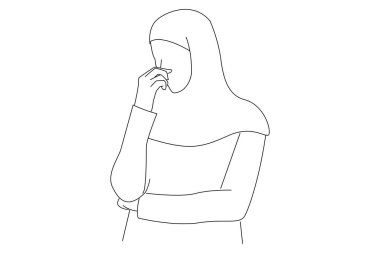 Illustration of disgusted arabian muslim woman in hijab looking aside covering nose with hand. 