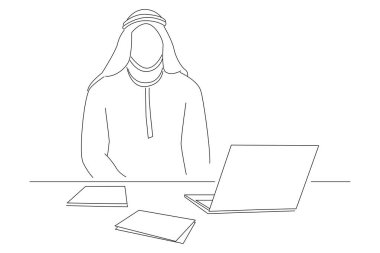 Cartoon of young arab businessman have neck gypsum. Single continuous line art style