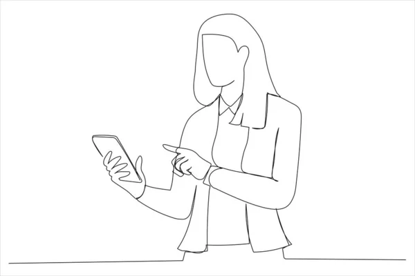 Illustration Woman Standing Using Mobile Phone One Line Art Style — Stockvector