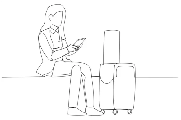 Drawing Young Woman Waiting Using Mobile Phone Airport Single Line — Vector de stock