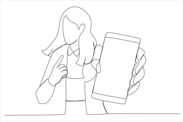 Cartoon Lady Holding Big Smartphone White Blank Screen Hand Showing —  Vetores de Stock