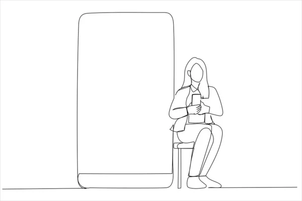 Drawing Happy Woman Sitting Chair Big Smartphone Empty White Display — Stockvektor