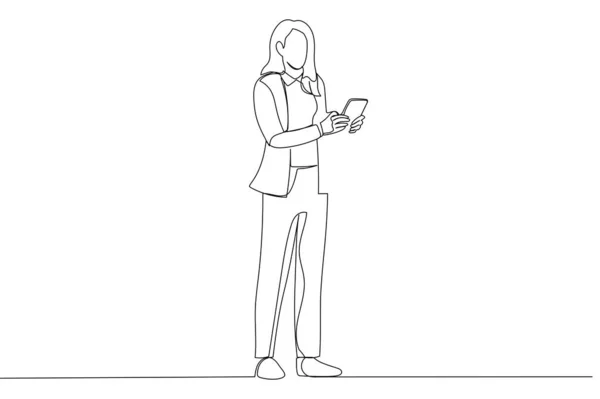 Cartoon of businesswoman typing on a mobile phone. Continuous line art