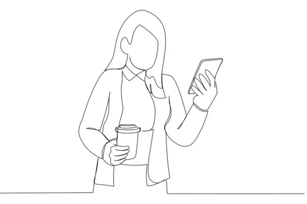 Illustration Businesswoman Using Smart Phone Outdoor One Line Style Art — Vetor de Stock