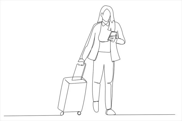 Illustration Woman Walking Suitcase Airport Using Smartphone One Continuous Line — Διανυσματικό Αρχείο