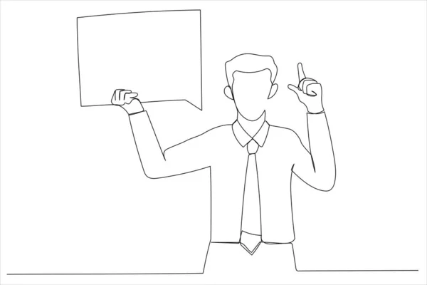 Businessman Holding Blank Speech Bubble Pointing Finger Copyspace Single Line — Vetor de Stock