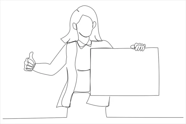 Woman Holding White Blank Board Showing Thumb Copy Space Single — Stok Vektör