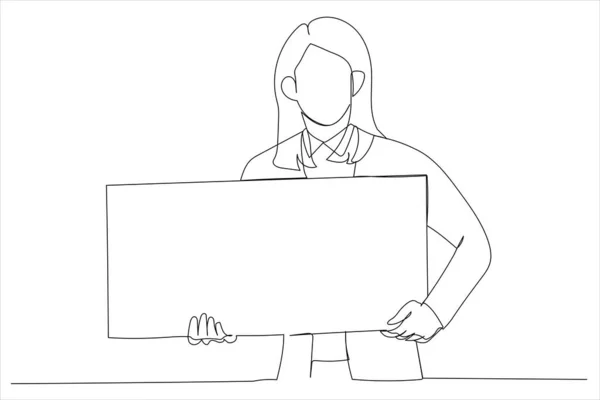 business woman holding a placard confident with crossed arms. One line art style