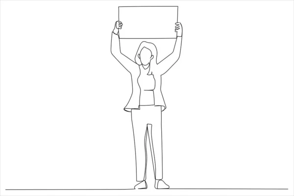 Woman Holding Banner Single Line Art Style — 스톡 벡터