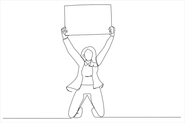 Woman Holding White Blank Panel Space Text Continuous Line Art — Vettoriale Stock