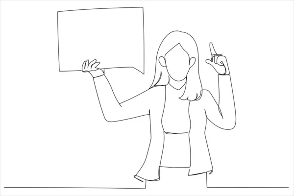 Businesswoman Holding Blank Speech Bubble Pointing Finger Copyspace Single Line — Διανυσματικό Αρχείο