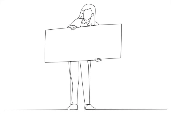 Business Woman Holding Big Blank Copy Space One Line Style — Stok Vektör