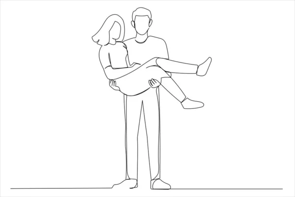 Groom Carrying Bride His Hands Single Continuous Line Art — Vettoriale Stock