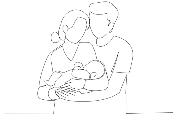 woman and man holding a newborn. Mom, dad and baby. One line art style