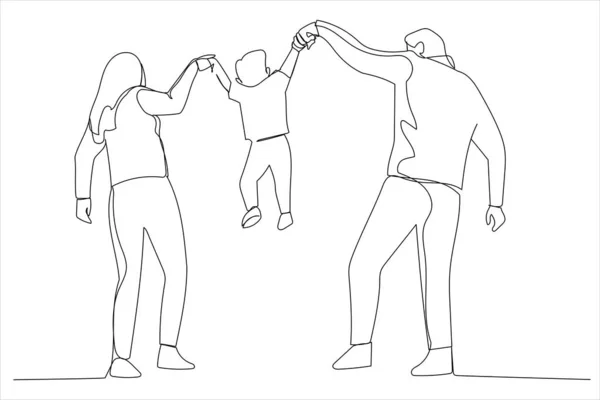 Cartoon Happy Family Park Parents Hold Baby Hands Single Continuous —  Vetores de Stock