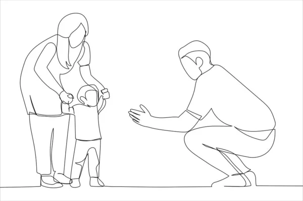 Illustration Happy Family Playing Baby Learning Walk Home One Line — ストックベクタ