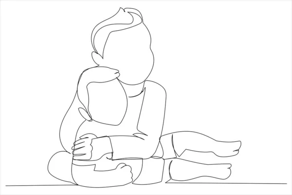 Cartoon Baby His Brother Bed Single Continuous Line Art Style — Image vectorielle