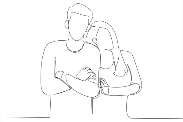 Drawing Young Couple Standing Single Line Art Style — Stockvector