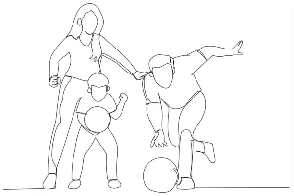 Cartoon Family Spending Time Together Bowling Club Continuous Line Art — ストックベクタ