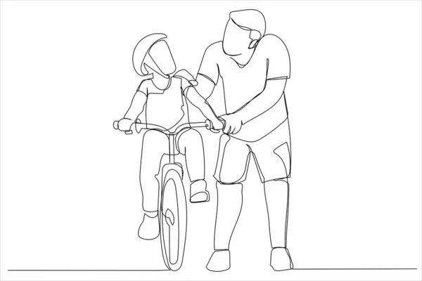 Illustration Happy Family Father Teaches Child Daughter Ride Bike Park — Διανυσματικό Αρχείο