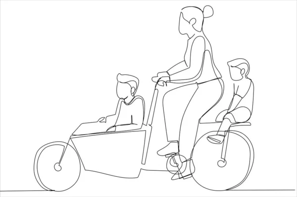 Drawing Mother Two Children Riding Bicycles Single Line Art Style — Archivo Imágenes Vectoriales