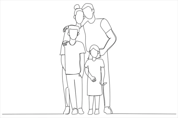 Drawing Young Family Two Children Standing Together Single Line Art — Image vectorielle