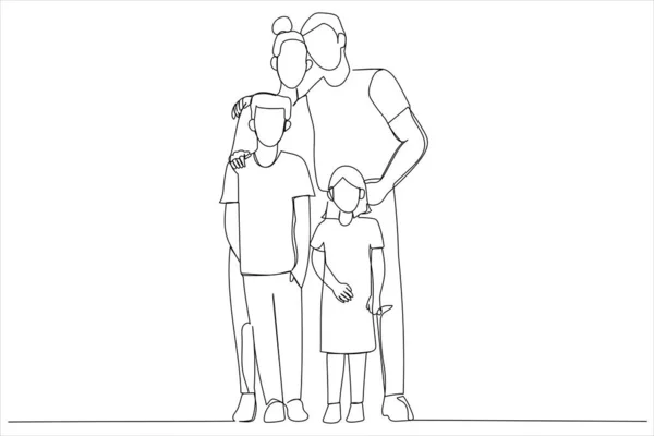 Drawing Young Family Two Children Standing Together Single Line Art — 图库矢量图片